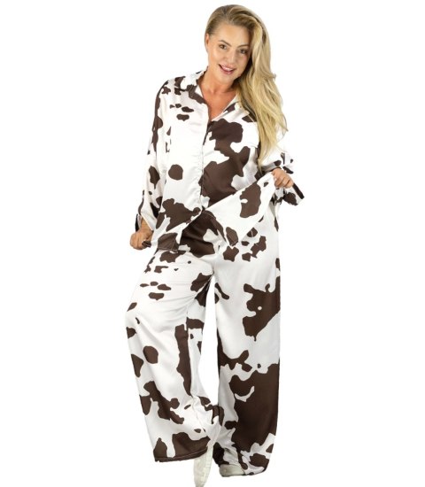 Modny zestaw satynowa koszula i spodnie w krowi print SLOANE (Brązowy)