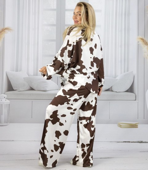 Modny zestaw satynowa koszula i spodnie w krowi print SLOANE (Brązowy)