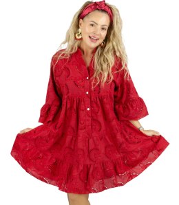 Sukienka boho haft angielski bawełniana rozkloszowana LUNA (Czerwony)