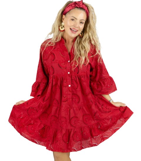 Sukienka boho haft angielski bawełniana rozkloszowana LUNA (Czerwony)