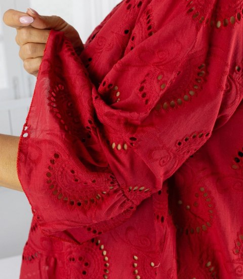 Sukienka boho haft angielski bawełniana rozkloszowana LUNA (Czerwony)