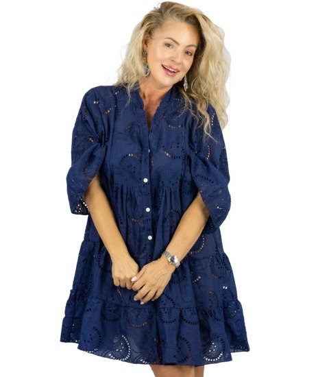 Sukienka boho haft angielski bawełniana rozkloszowana LUNA (Granatowy)