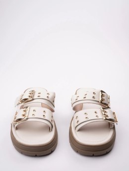Klapki na platformie z metalowymi klamrami w kolorze Beige - 38