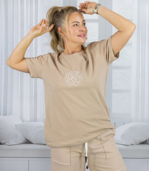 T-shit bluzka koszulka z haftem róża ROSALIA (Beżowy)