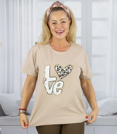 T-shit bluzka koszulka z nadrukiem LOVE i cekinami ALINA (Beżowy)