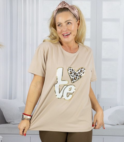 T-shit bluzka koszulka z nadrukiem LOVE i cekinami ALINA (Beżowy)