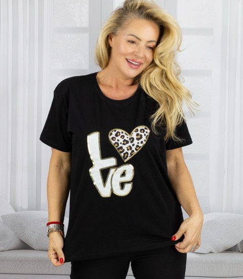T-shit bluzka koszulka z nadrukiem LOVE i cekinami ALINA (Czarny)