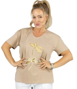 T-shit bluzka koszulka z ozdobną aplikacją w ważki LIBELLA (Beżowy)