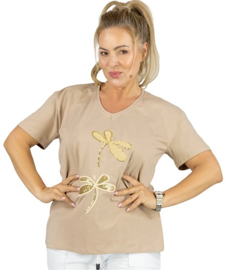 T-shit bluzka koszulka z ozdobną aplikacją w ważki LIBELLA (Beżowy)