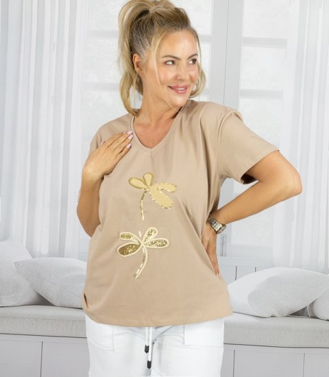 T-shit bluzka koszulka z ozdobną aplikacją w ważki LIBELLA (Beżowy)
