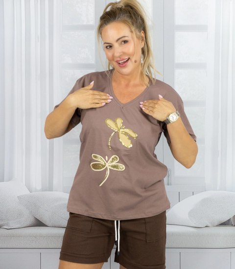 T-shit bluzka koszulka z ozdobną aplikacją w ważki LIBELLA (Brązowy)