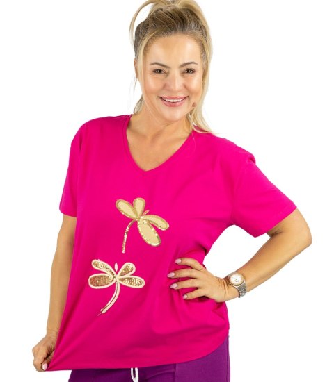 T-shit bluzka koszulka z ozdobną aplikacją w ważki LIBELLA (Różowy)