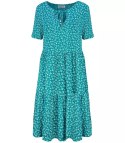 Trapezowa letnia sukienka w biały print MIDI (Niebieski)