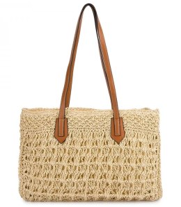 Ażurowa torebka z rafii z eleganckimi uchwytami styl boho na lato (Beżowy)