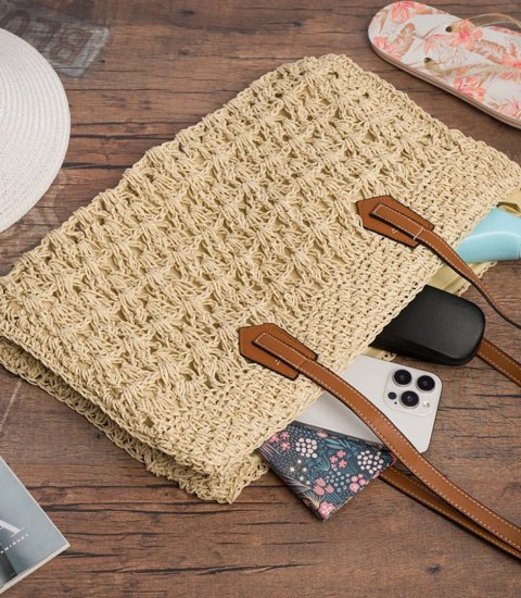 Ażurowa torebka z rafii z eleganckimi uchwytami styl boho na lato (Beżowy) Ażurowa torebka z rafii z eleganckimi uchwytami styl boho na lato (Beżowy)