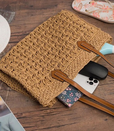 Ażurowa torebka z rafii z eleganckimi uchwytami styl boho na lato (Brązowy) Ażurowa torebka z rafii z eleganckimi uchwytami styl boho na lato (Brązowy)