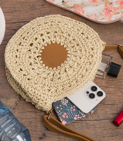 Okrągła pleciona torebka boho z długim paskiem (Beżowy) Okrągła pleciona torebka boho z długim paskiem (Beżowy)