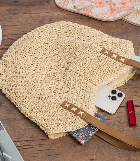 Torba damska plażowa boho ażurowa na lato koszyk shopper (Beżowy)