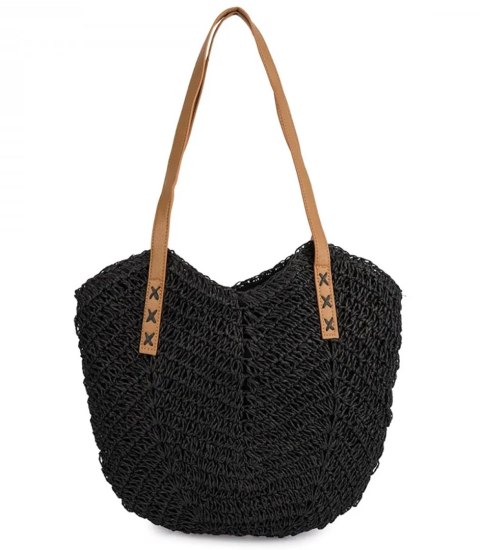 Torba damska plażowa boho ażurowa na lato koszyk shopper (Czarny)