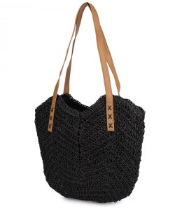 Torba damska plażowa boho ażurowa na lato koszyk shopper (Czarny)