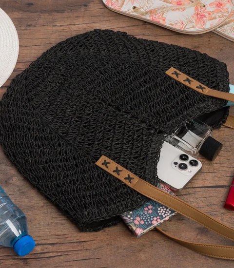 Torba damska plażowa boho ażurowa na lato koszyk shopper (Czarny)