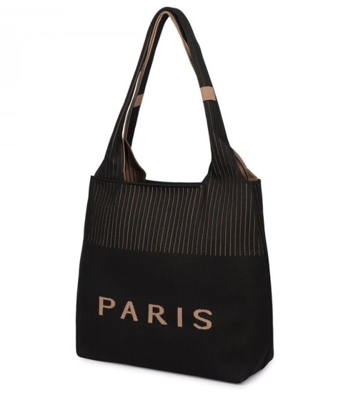 Torba shopper PARIS duża materiałowa na ramię z zamkiem (Czarny)