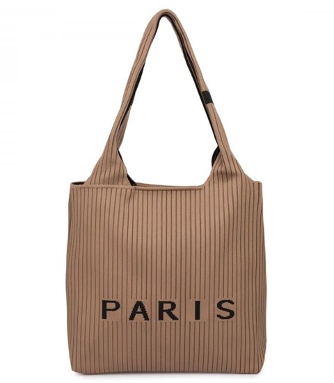 Torba shopper PARIS elegancka prążkowana na ramię z zamkiem (Beżowy)