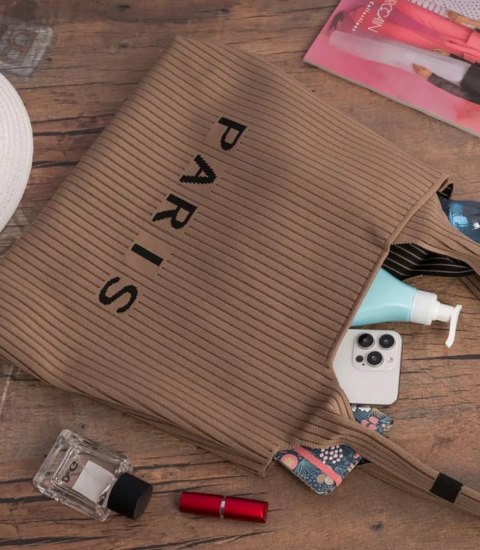 Torba shopper PARIS elegancka prążkowana na ramię z zamkiem (Beżowy)