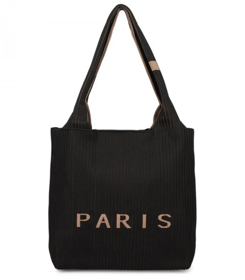 Torba shopper PARIS elegancka prążkowana na ramię z zamkiem (Czarny)