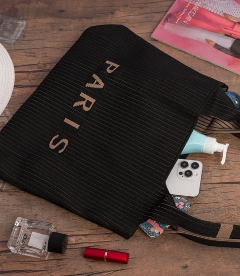 Torba shopper PARIS elegancka prążkowana na ramię z zamkiem (Czarny)