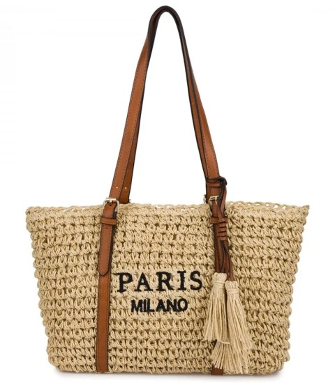 Pleciona torebka boho z frędzlami i napisem PARIS MILANO (Beżowy) Pleciona torebka boho z frędzlami i napisem PARIS MILANO (Beżowy)