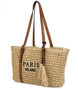 Pleciona torebka boho z frędzlami i napisem PARIS MILANO (Beżowy)