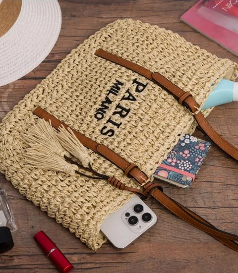 Pleciona torebka boho z frędzlami i napisem PARIS MILANO (Beżowy) Pleciona torebka boho z frędzlami i napisem PARIS MILANO (Beżowy)