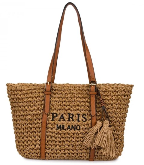 Pleciona torebka boho z frędzlami i napisem PARIS MILANO (Brązowy) Pleciona torebka boho z frędzlami i napisem PARIS MILANO (Brązowy)