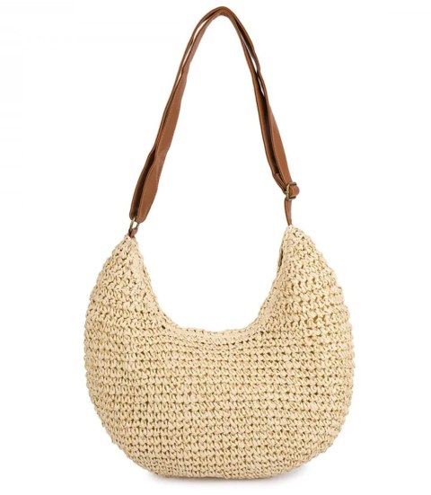 Półokrągła torebka boho z eko-skórzanym paskiem i suwakiem (Beżowy)