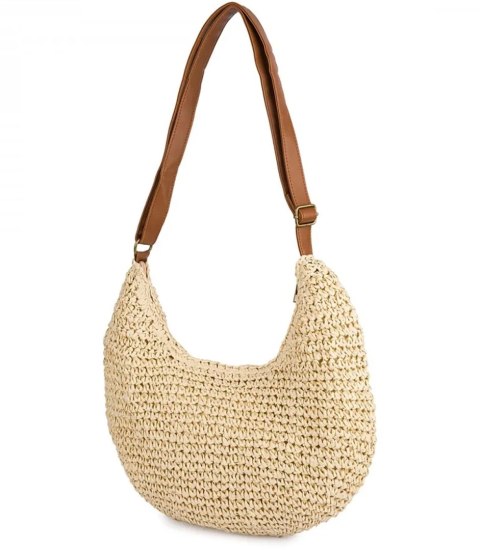 Półokrągła torebka boho z eko-skórzanym paskiem i suwakiem (Beżowy)