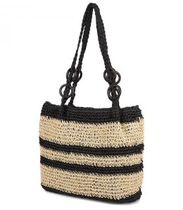 Boho torebka z rafii z regulowanym, grubszym paskiem (Czarny)