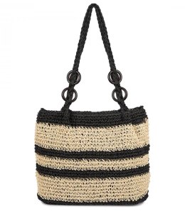 Boho torebka z rafii z regulowanym, grubszym paskiem (Czarny)