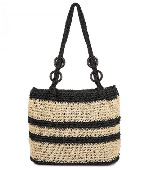 Boho torebka z rafii z regulowanym, grubszym paskiem (Czarny) Boho torebka z rafii z regulowanym, grubszym paskiem (Czarny)