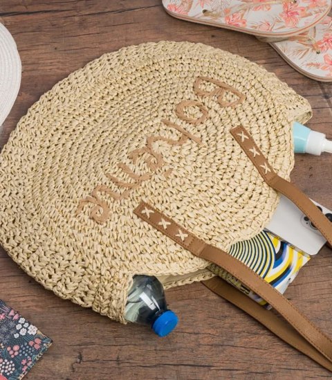 Okrągła torebka boho z plecionki z napisem „Bohème" (Beżowy) Okrągła torebka boho z plecionki z napisem „Bohème" (Beżowy)
