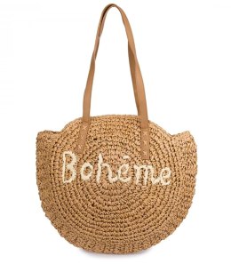 Okrągła torebka boho z plecionki z napisem „Bohème