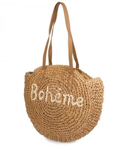 Okrągła torebka boho z plecionki z napisem „Bohème