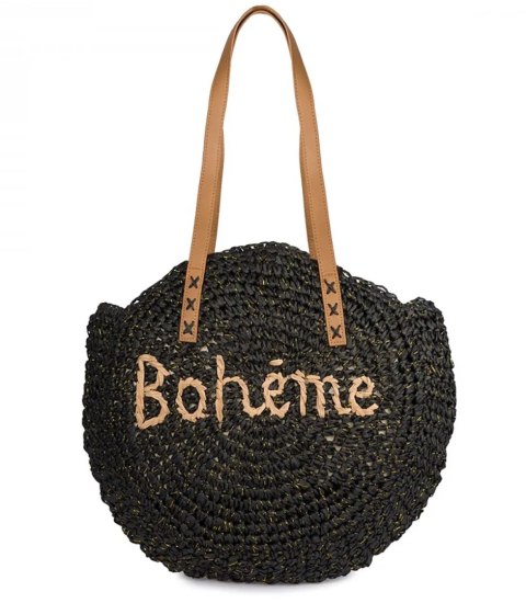 Okrągła torebka boho z plecionki z napisem „Bohème" (Czarny) Okrągła torebka boho z plecionki z napisem „Bohème" (Czarny)