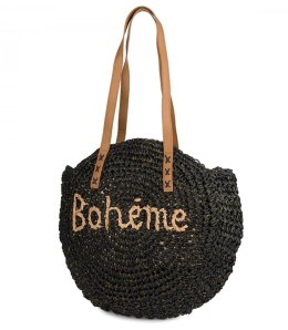 Okrągła torebka boho z plecionki z napisem „Bohème