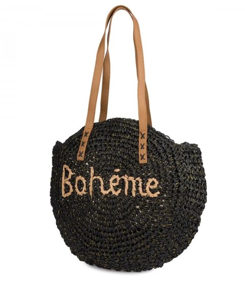 Okrągła torebka boho z plecionki z napisem „Bohème" (Czarny) Okrągła torebka boho z plecionki z napisem „Bohème" (Czarny)