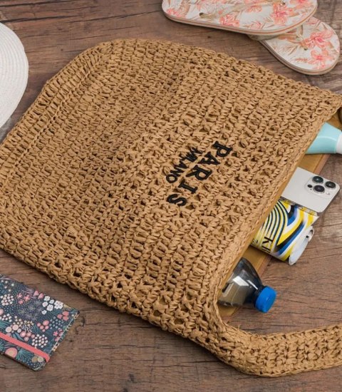 Torebka boho z plecionki z napisem PARIS MILANO (Brązowy) Torebka boho z plecionki z napisem PARIS MILANO (Brązowy)