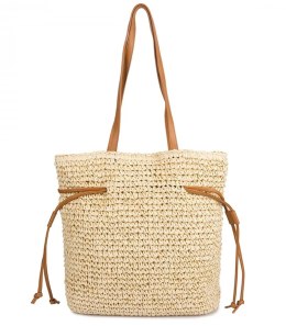 Torebka shopper boho z plecionki z troczkami i podszewką (Beżowy)
