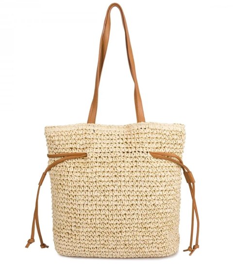 Torebka shopper boho z plecionki z troczkami i podszewką (Beżowy) Torebka shopper boho z plecionki z troczkami i podszewką (Beżowy)