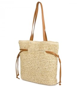 Torebka shopper boho z plecionki z troczkami i podszewką (Beżowy)