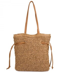 Torebka shopper boho z plecionki z troczkami i podszewką (Brązowy)